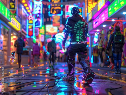 Young adult with holographic tattoos, neural implants, and hover shoes, navigating a bustling marketplace in a world of agelessness A vibrant scene with neon lights 3D render