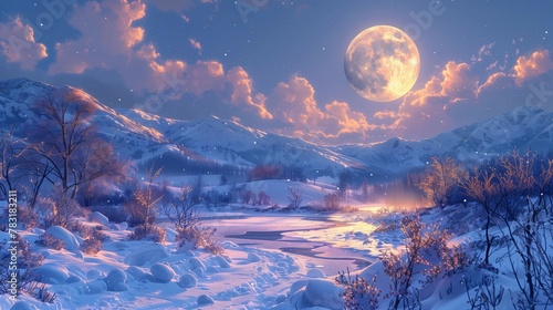 Enchanted Moonlight on Snowy Scenery  generative ai