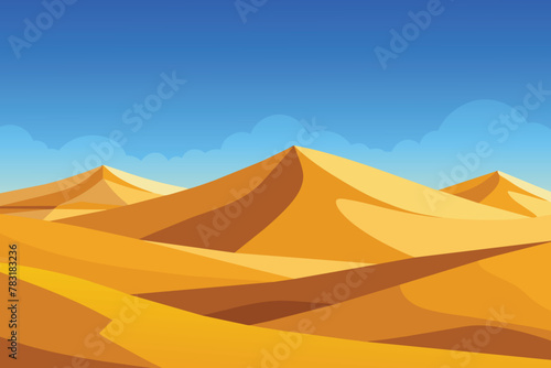 Big 3d realistic background of sand dunes. Desert landscape with blue sky vector design