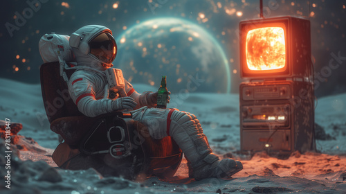 Astronaut in a space suit sits in a chair on a desert planet, drinks beer and watches TV shows on the TV against the backdrop of the planet. photo