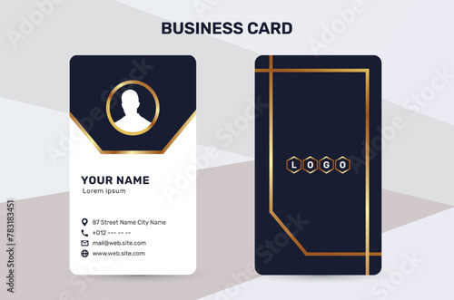 The business card uses a golden color accent to give a sense of luxury and premium quality. With a dark and white background, it has a simple and modern design that suits the corporate identity style