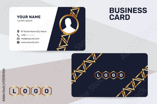 The business card uses a golden color accent to give a sense of luxury and premium quality. With a dark and white background, it has a simple and modern design that suits the corporate identity style