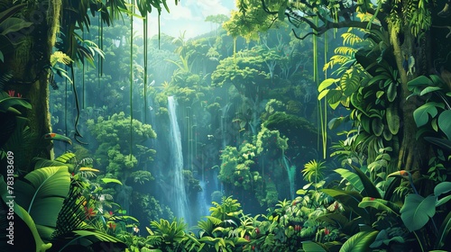Illustration of a thriving rainforest with towering trees and exotic animals