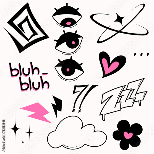 Black and white vector illustration with various gothic and alt icons. Eyes, hearts, stars, pink
