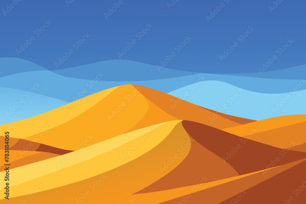 Big 3d realistic background of sand dunes. Desert landscape with blue sky vector design