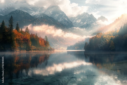 Water reflects the mountainous landscape, with sun peeking through clouds