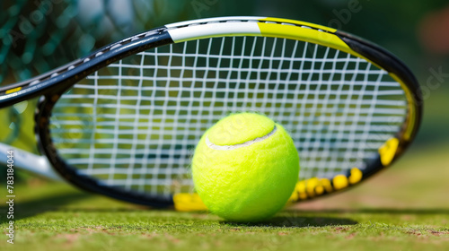 Game Ready. A tennis ball and racket rest on the grass court, showcasing equipment essential for a match. © evastar