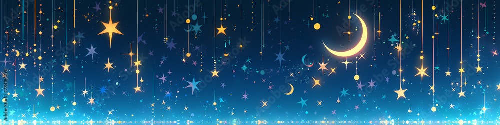 Naklejka premium Magic night sky with stars and clouds. Landscape with crescent moon, stardust and milky way. Fantasy galaxy illustration, space background