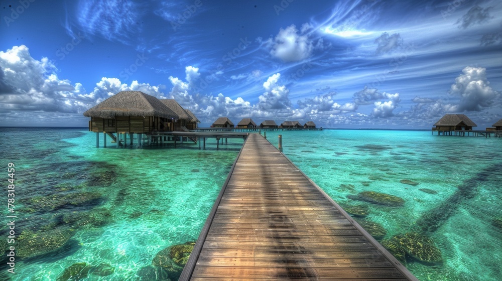A wooden path leads to the right to the first overwater bungalow that is found, the path continues and other bungalows can be seen in the background
