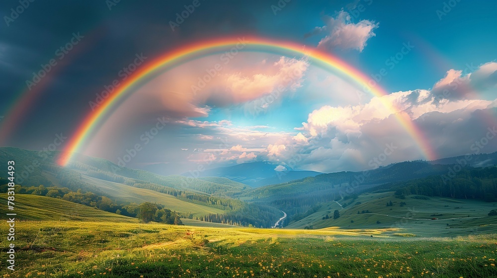 Obraz premium Tranquil Valley Under a Vibrant Rainbow, generative ai