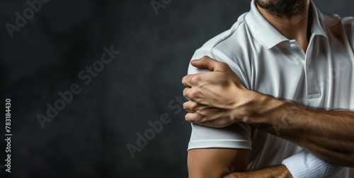 Muscle tension. A man squeezes his shoulder on a dark background, indicating pain or discomfort. Injuries in sports. tennis elbow