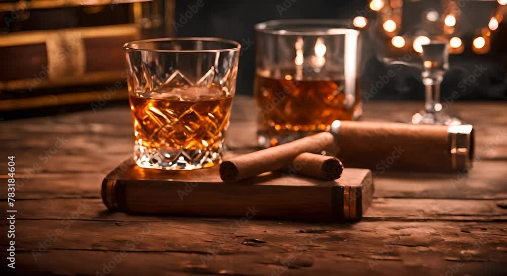 Glass of whiskey with a cigar.
Glass of whiskey with a cigar.