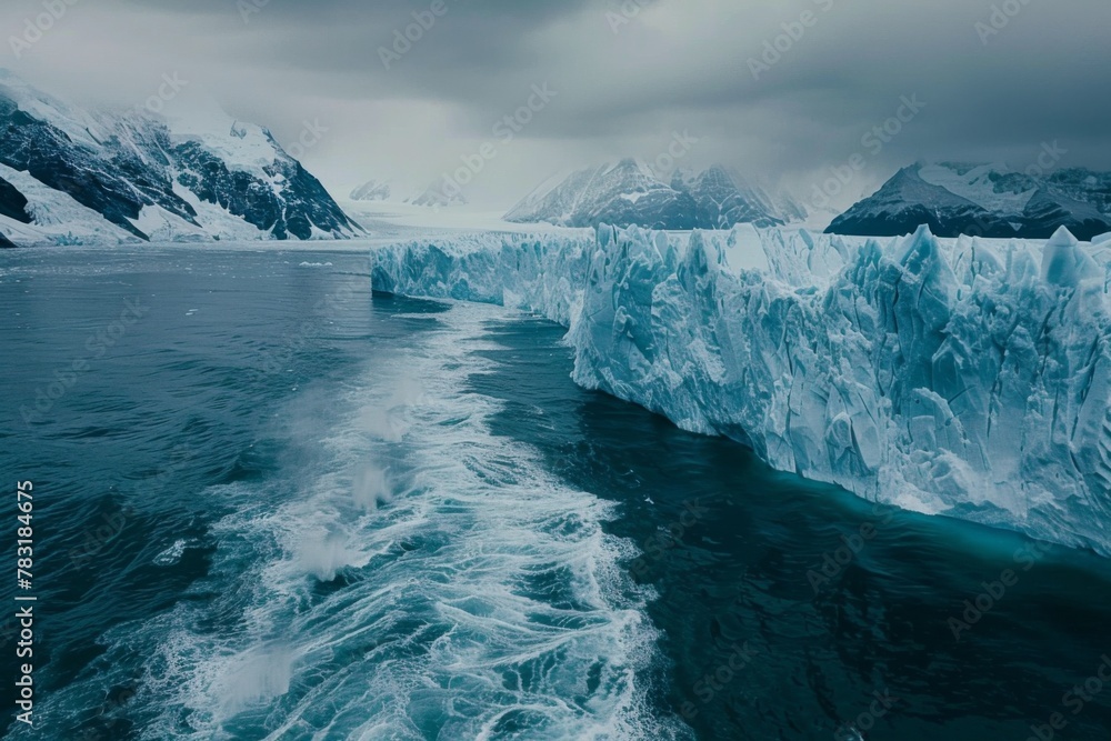 Boat sailing on fluid water with massive iceberg against snowy natural landscape Boat sailing on fluid water with massive iceberg against snowy natural landscape