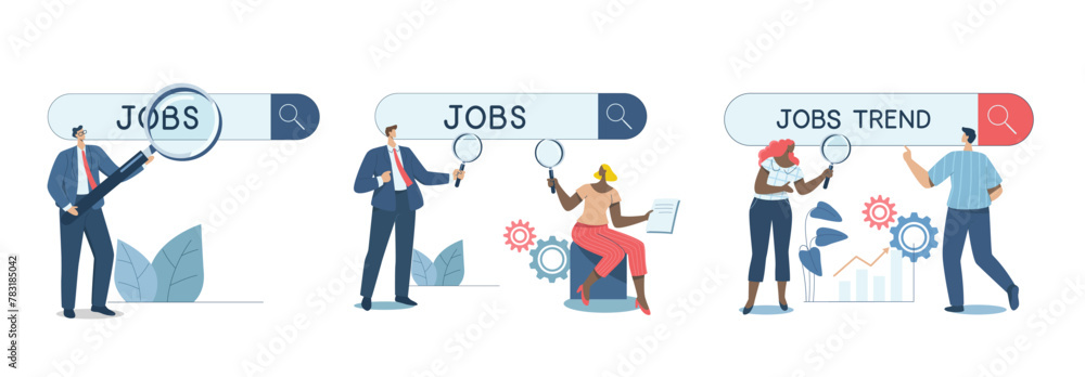 Set of searching for job. Finding new business opportunities or looking for a new job, Internet marketing concept, Vacancy, Employee using magnifying glass to search for job on search bar.