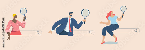 Set of  search engine optimization, SEO. Internet marketing concepts, Analyze website page statistics, Person with magnifying glass coming out of web browser bar. Searching for information online.