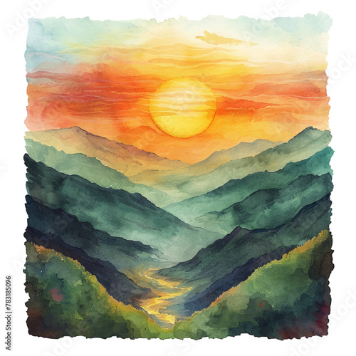 sunset view from top montain vector illustration in watercolour style