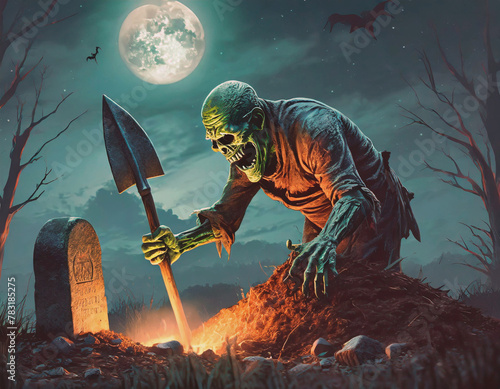 Halloween Illustration Zombie Digging a Grave AI