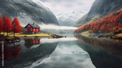 A red cottage of the Norwegian culture and architecture in Norway near lake, lake house, stunning scenery of lake, misty mountains background
