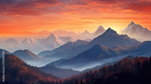 A stunning mountain range illuminated by the warm colors of a breathtaking sunset, Super Realistic illustration #783185485