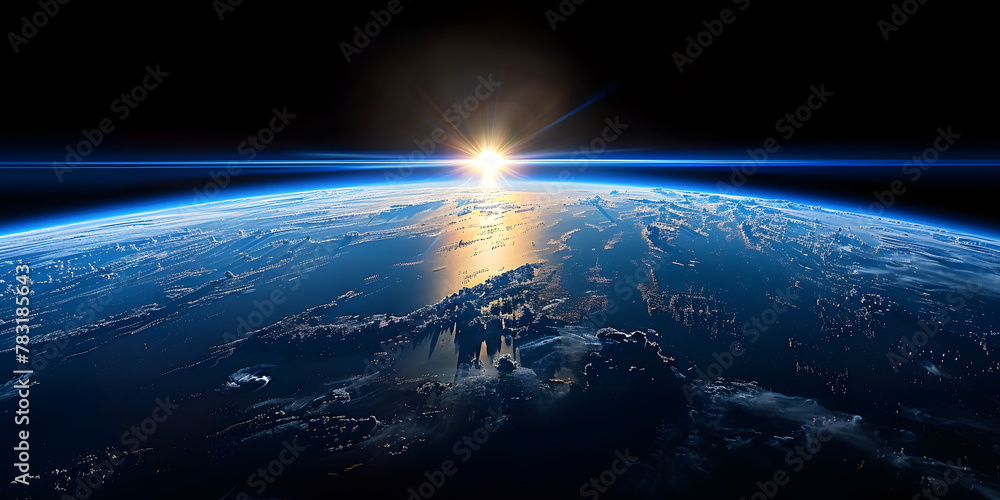 Fototapeta premium wide shot of the earth from space, blue horizon, black sky, bright sun in upper 