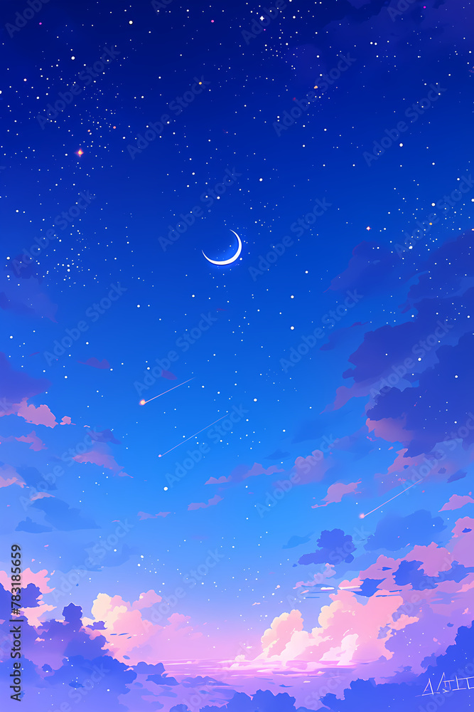 Magic night sky with stars and clouds. Landscape with crescent moon, stardust and milky way. Fantasy galaxy illustration, space background