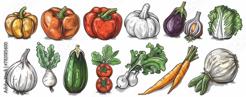 Hand-drawn vegetable illustration, colorful sketch of leafy greens and root vegetables, kitchen wall art concept.
 photo