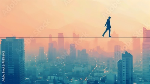 Silhouetted Businessman Navigating the Tightrope of Urban Success photo