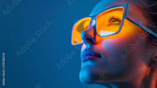 Woman Wearing Yellow Glasses on Blue Background
