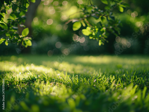 A clear, pristine lawn is in focus in front of a blurred backdrop of lush trees and greenery, where soft shadows of shrubs seamlessly blend into the grass.