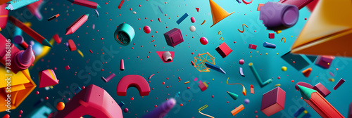 3D rendering of colorful geometric shapes on a blue background The shapes include spheres cubes cones and cylinders, Multicolored shapes made of plasticine texture on bright background.