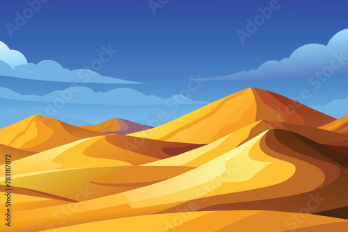 Big 3d realistic background of sand dunes. Desert landscape with blue sky vector design