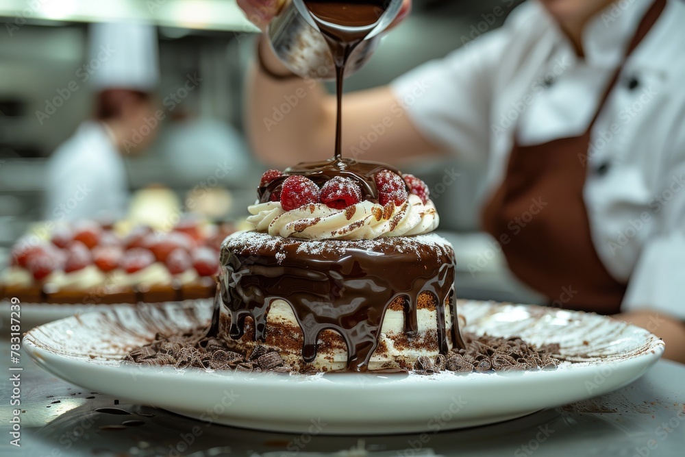 A chef in a professional kitchen drizzles melted chocolate over a beautifully garnished raspberry cake with whipped cream