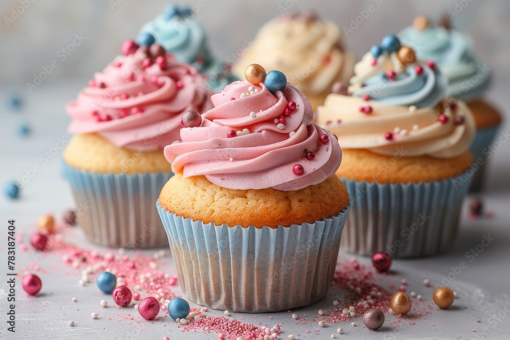 An appetizing arrangement of cupcakes with pink, blue, and beige frosting topped with colorful sprinkles against a soft gray background
