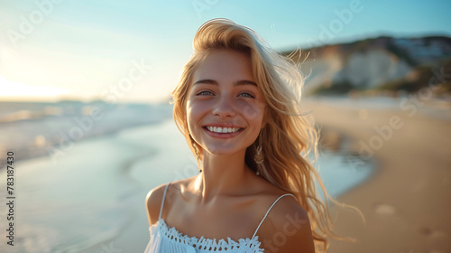 Sunset Serenity: Young Woman Enjoying Seaside Bliss © DjelicN