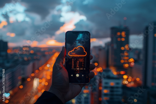 Hand holding a smartphone with a cloud symbol on the screen, cityscape in the background photo