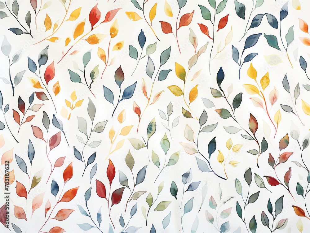 Delicate leaves and flowers form a beautiful pattern in a watercolor painting on a white background. Delicate leaves and flowers form a beautiful pattern in a watercolor painting on a white background.