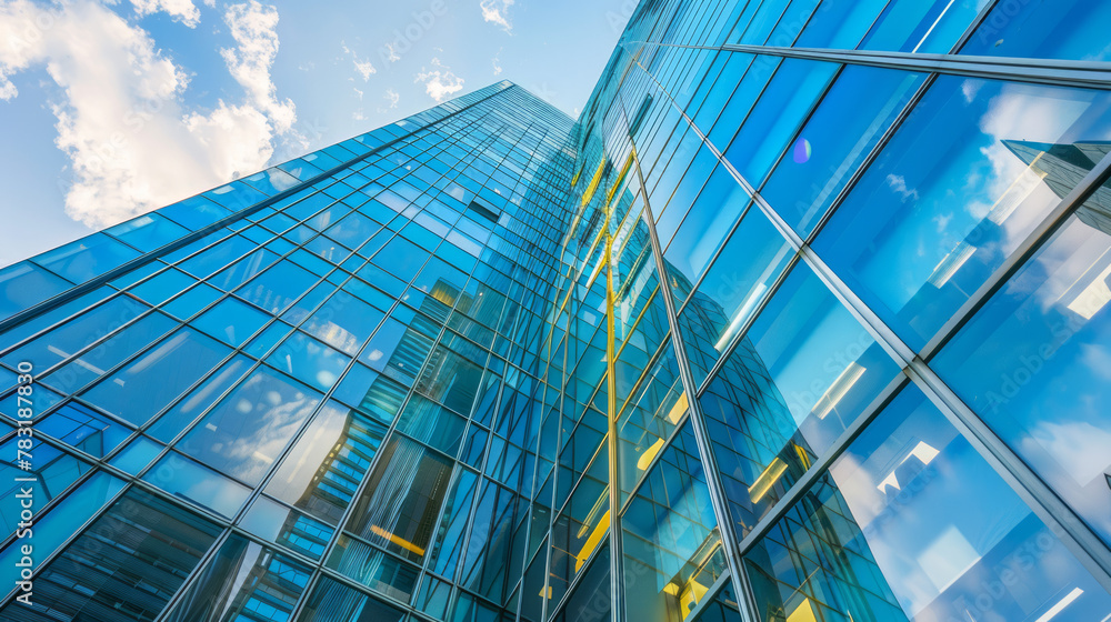 Modern office skyscraper with glass facade, reflecting the bustling city around it, lively urban atmosphere Modern office skyscraper with glass facade, reflecting the bustling city around it, lively urban atmosphere