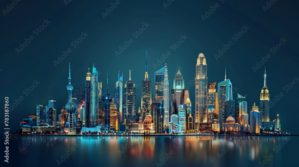 Night view of a city skyline with iconic landmarks from multiple continents, illuminated buildings