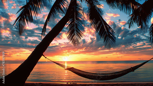 Silhouette of a hammock between palm trees at sunset on a beach