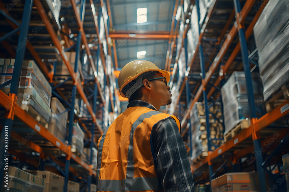 Middle age asia storage warehouse worker working in the background a large goods storage warehouse Middle age asia storage warehouse worker working in the background a large goods storage warehouse