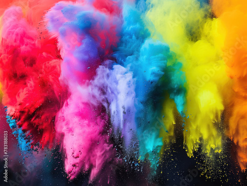 Colorful powder explosions captured in a mesmerizing freeze frame  forming a beautiful artwork on a blank black surface.