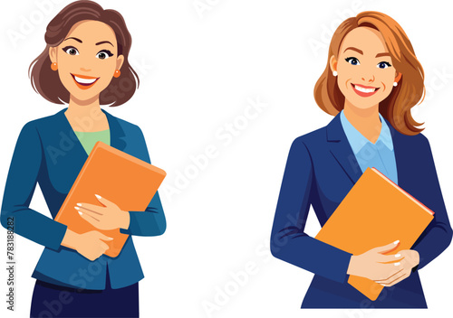 Illustration of two smiling businesswomen in suits holding folders, exuding confidence