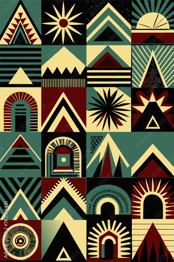 Colorful poster showcasing a diverse range of african tribal prints and geometric motifs. African poster with geometric traditional pattern. Africa culture ethnic ornament for fabric or textile Colorful poster showcasing a diverse range of african tribal prints and geometric motifs. African poster with geometric traditional pattern. Africa culture ethnic ornament for fabric or textile