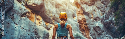 Mountain Climbing Adventure: Young Woman with Climbing Equipment Ready to Conquer the Rock in the Outdoors photo