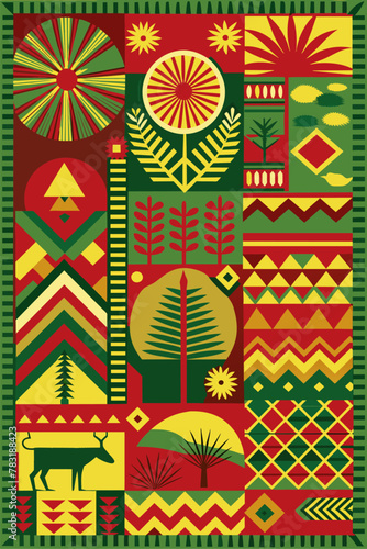 Vibrant poster showcasing traditional african patterns and stylized trees, representing the rich heritage of africa