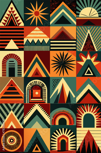 African poster with geometric traditional pattern. Africa culture ethnic ornament for fabric or textile. Assortment of african ethnic patterns ideal for design inspiration