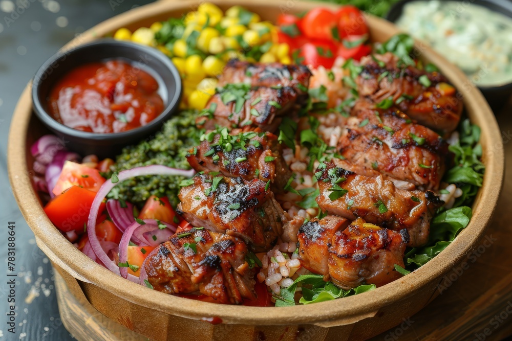 Succulent pieces of grilled kebab served with a colorful array of fresh vegetables and sauces, perfect for a nutritious meal Succulent pieces of grilled kebab served with a colorful array of fresh vegetables and sauces, perfect for a nutritious meal