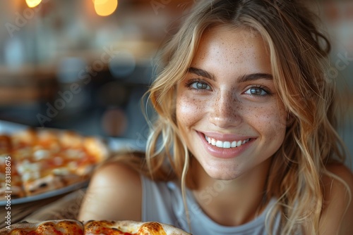 Young woman with sparkling eyes smiling in front of a freshly baked pizza