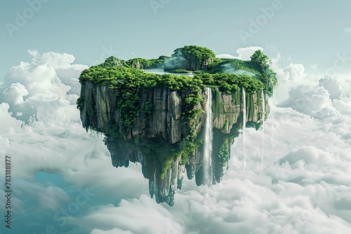 Flying land with beautiful landscape, green grass and waterfalls mountains fantasy illustration