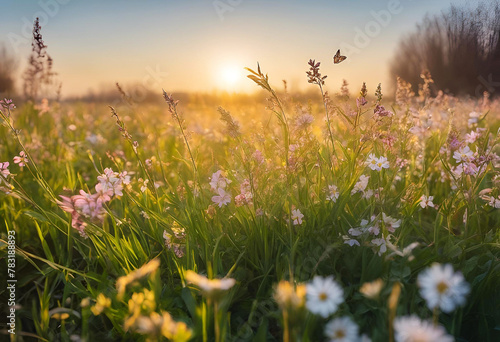Sunset Meadow, A picturesque scene of a lush green field adorned with colorful flowers under the warm glow of the setting sun